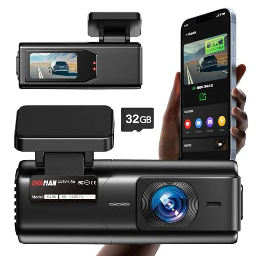 Dash Cam 2K 1440P WiFi Car Camera with 1.47 inch IPS Screen,2K Front Dash Camera for Cars, Mini Dashcams for Cars with Night Vision,24 Hours Parking Mode, Free 32GB Card,APP,G-Sensor,Support 128GB Max - OVAMAN