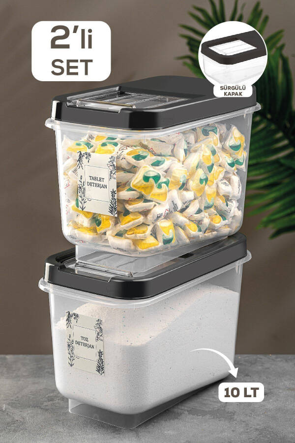 2'li 10 Lt Kayar Kapaklı Tablet Deterjan Saklama Kutusu - Etiketli Deterjan Saklama Kabı Antrasit-Şeffaf - 1