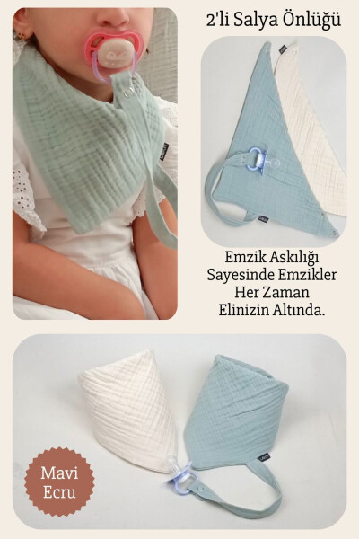 2'li %100 Pamuk 8 Katlı Müslin Emzik Askılıklı Kız Erkek Bebek Salya Ve Mama Önlüğü *Mavi*Ekru - 1
