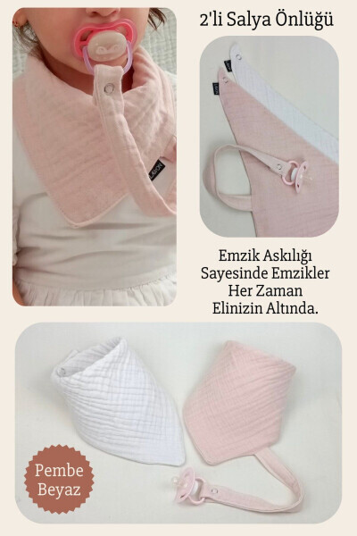 2'li %100 Pamuk 8 Katlı Müslin Emzik Askılıklı Kız Erkek Bebek Salya Ve Mama Önlüğü *Pembe*Beyaz - LAWON