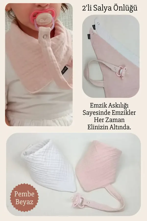 2'li 100% Paxta 8 Qavatli Muslin So'rg'ich Osiladigan Qiz Bola O'g'il Bola Chaqaloq So'lak Va Ovqat Oldligi *Pushti*Oq - 1