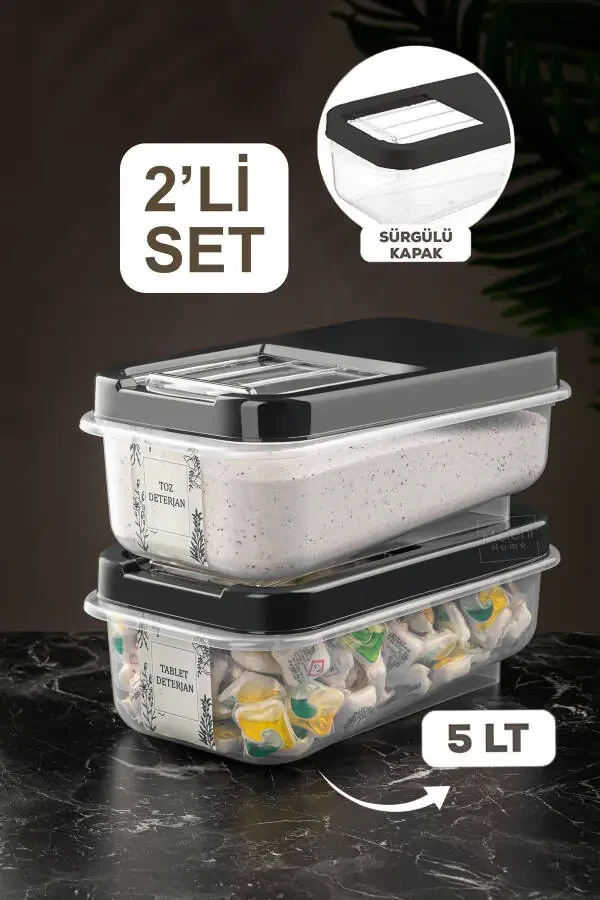 2'li 5 Lt Kayar Kapaklı Tablet Deterjan Saklama Kutusu - Etiketli Deterjan Saklama Kabı Antrasit-5 LT - 3