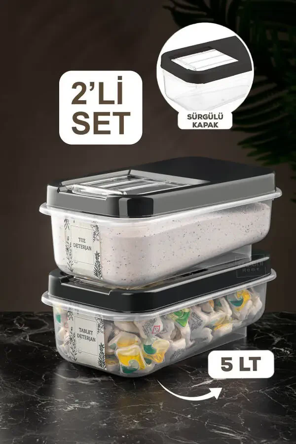 2'li 5 Lt Kayar Kapaklı Tablet Deterjan Saklama Kutusu - Etiketli Deterjan Saklama Kabı Antrasit-5 LT - 1