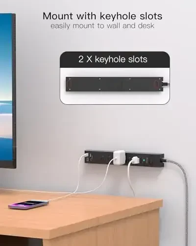 2 Pack Surge Protector Power Strip, 6 Outlets 4 USB Charging Ports, 12Ft Braided Extension Cord, Slim Flat Plug, Wall Mount, Desk Accessories, Home Office Essentials - 7