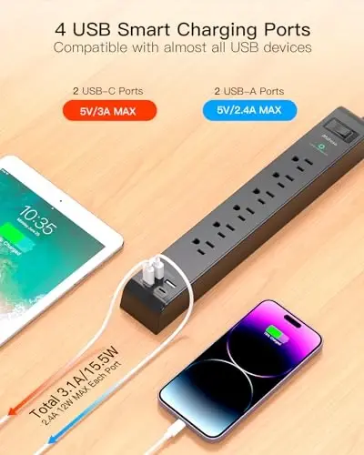 2 Pack Surge Protector Power Strip, 6 Outlets 4 USB Charging Ports, 12Ft Braided Extension Cord, Slim Flat Plug, Wall Mount, Desk Accessories, Home Office Essentials - 4