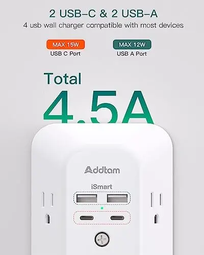 2 Pack Surge Protector Outlet Extender - Addtam 5-Outlet Splitter with 4 USB Wall Charger(2 USB-C Ports), Multi Plug Outlet Power Strip for Home, Dorm Room Essentials - 3