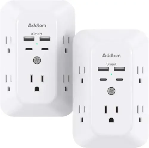 2 Pack Surge Protector Outlet Extender - Addtam 5-Outlet Splitter with 4 USB Wall Charger(2 USB-C Ports), Multi Plug Outlet Power Strip for Home, Dorm Room Essentials 