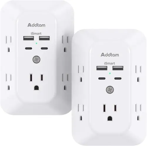 2 Pack Surge Protector Outlet Extender - Addtam 5-Outlet Splitter with 4 USB Wall Charger(2 USB-C Ports), Multi Plug Outlet Power Strip for Home, Dorm Room Essentials - 1