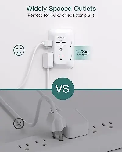 2 Pack Surge Protector Outlet Extender - Addtam 5-Outlet Splitter with 4 USB Wall Charger(2 USB-C Ports), Multi Plug Outlet Power Strip for Home, Dorm Room Essentials - 6