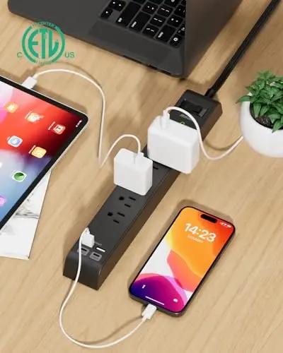 2 Pack Surge Protector Power Strip with 6 Outlets 4 USB Ports (2 USB C) 20-Foot Extension Cord Flat Plug 900 Joules 15A Circuit Breaker Wall Mount Desk USB Charging Station for Home Office - 3