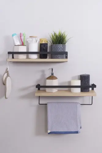 2'li Banyo Rafı Havluluk Dekoratif Banyo Düzenleyici Çok Amaçlı Sabunluk Raf-Siyah - 4