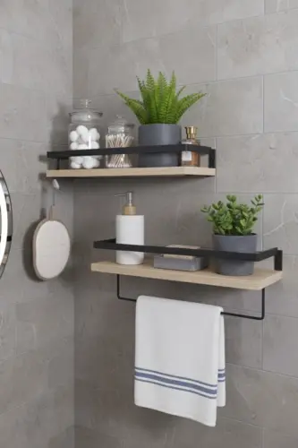 2'li Banyo Rafı Havluluk Dekoratif Banyo Düzenleyici Çok Amaçlı Sabunluk Raf - Siyah-Ahşap - 2