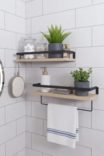2'li Banyo Rafı Havluluk Dekoratif Banyo Düzenleyici Çok Amaçlı Sabunluk Raf - Siyah-Ahşap - 4