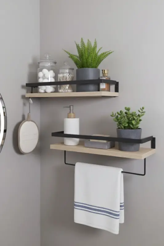 2'li Banyo Rafı Havluluk Dekoratif Banyo Düzenleyici Çok Amaçlı Sabunluk Raf - Siyah-Ahşap - 6
