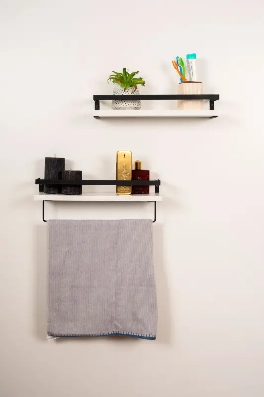 2'li Banyo Rafı Havluluk Dekoratif Banyo Düzenleyici Çok Amaçlı Sabunluk Raf - Beyaz-Siyah - 12