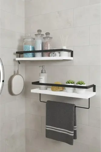 2'li Banyo Rafı Havluluk Dekoratif Banyo Düzenleyici Çok Amaçlı Sabunluk Raf - Beyaz-Siyah - 8