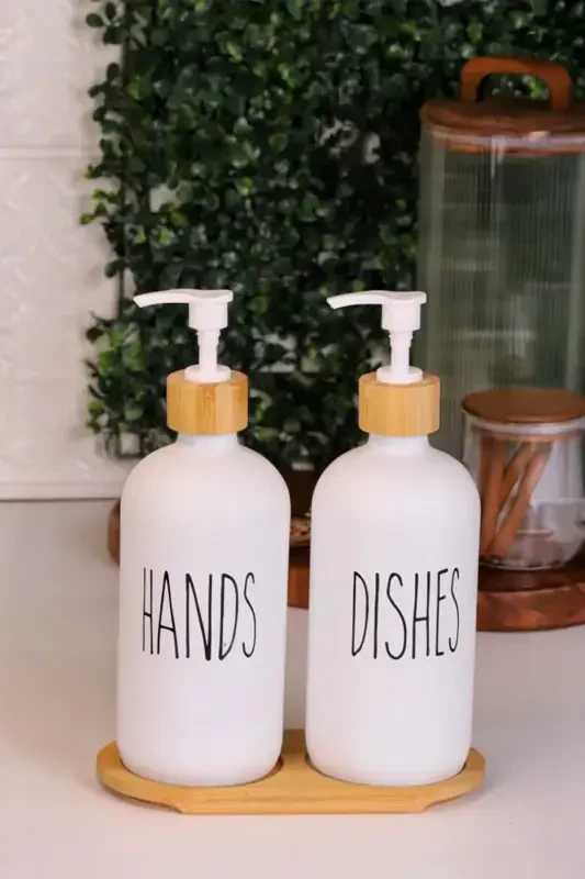 2’li Beyaz Mutfak Cam Sıvı Sabunluk Seti 500ml 500ml Bambu Standlı-Beyaz - 1