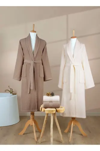 4 Parça Çizgili Bornoz Seti %100 Pamuk Sertifikalı Aile Havlu Bornoz Takımı Çeyiz Set Kahvereng Krem-Krem - 3