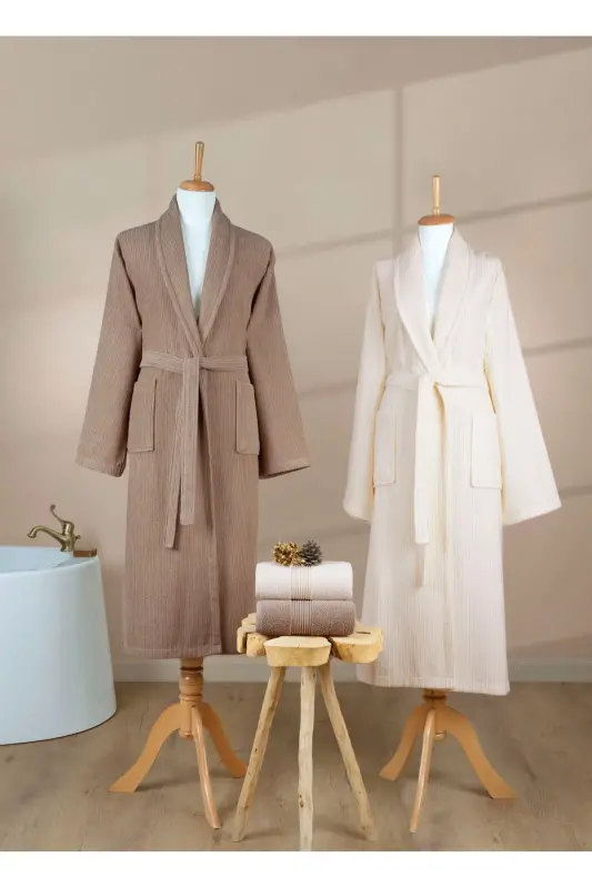 4 Parça Çizgili Bornoz Seti %100 Pamuk Sertifikalı Aile Havlu Bornoz Takımı Çeyiz Set Kahvereng Krem-Krem - 3