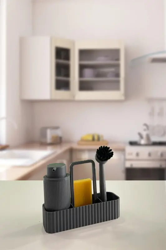 2'li Bulaşık Seti Vailo Ve 8 Lt Mutfak Tezgah Üstü Ve Dolap Askılı Çöp Kovası Gri Mutfak Seti-Gri - 2