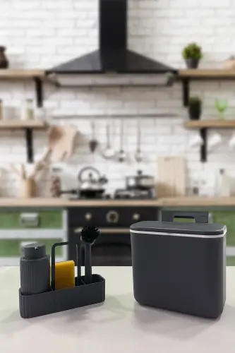 2'li Bulaşık Seti Vailo Ve 8 Lt Mutfak Tezgah Üstü Ve Dolap Askılı Çöp Kovası Gri Mutfak Seti-Gri 