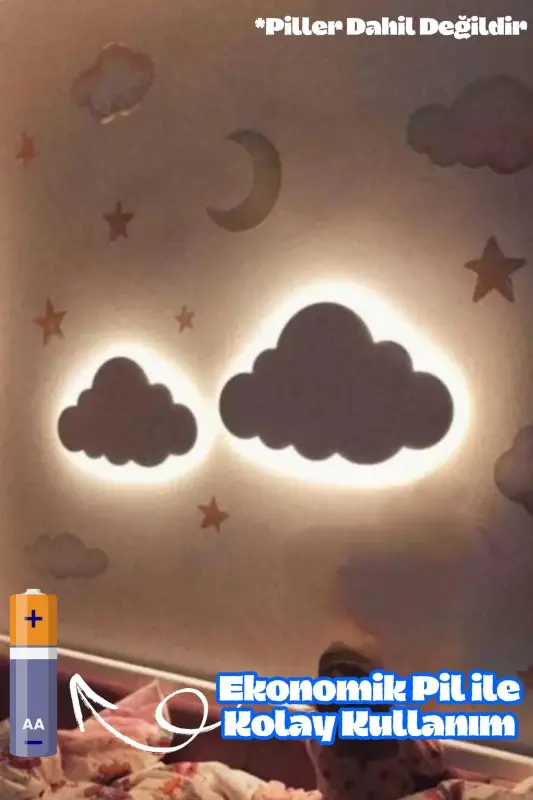 2'li Bulut Gece Lambası Bebek Çocuk Odası Duvar Dekorasyonu Aydınlatma Ahşap Gece Lambası - 6