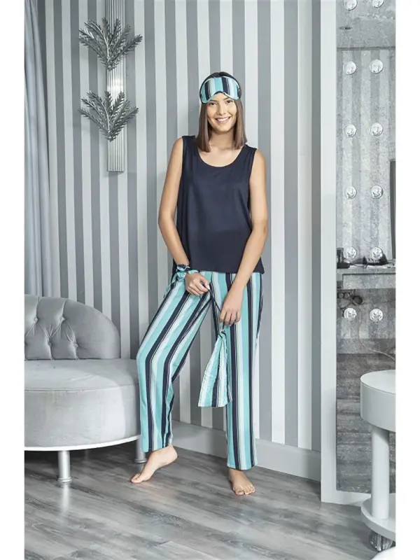 2'li Çizgili Viskon Lacivert Atlet Pijama Takım-Lacivert - 2
