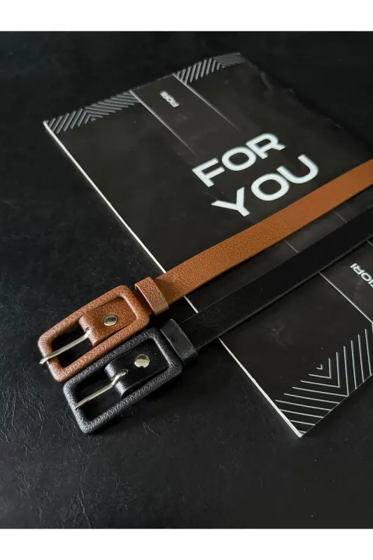 2’li Dikdörtgen Kaplama Tokalı Ince Kadın Pantolon Kemeri, Ceket Kemeri, Gömlek Kemeri-Siyah - 2