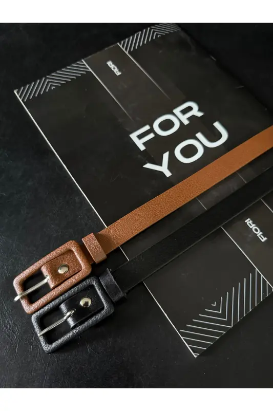 2’li Dikdörtgen Kaplama Tokalı Ince Kadın Pantolon Kemeri, Ceket Kemeri, Gömlek Kemeri-Siyah - 3