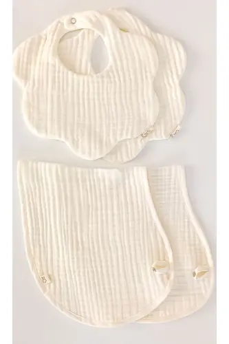 2'li Ekru %100 Pamuklu Organik 8 Katlı Müslin Bebek Salya Önlüğü Ve 8 Katlı Omuz Örtüsü / Yakalık - 1