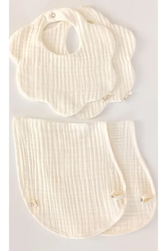 2'li Ekru %100 Pamuklu Organik 8 Katlı Müslin Bebek Salya Önlüğü Ve 8 Katlı Omuz Örtüsü / Yakalık - 1