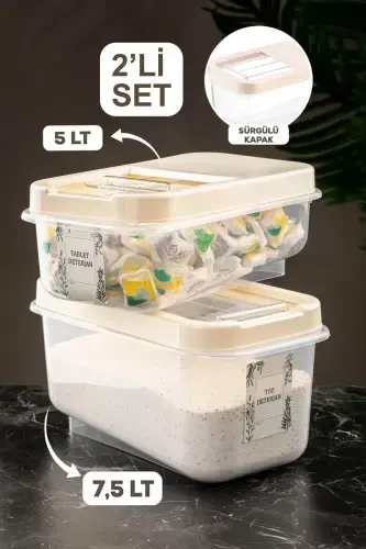 2'li Etiketli Kayar Kapaklı Deterjan Saklama Kabı - Tablet Deterjan Saklama Kutusu 5lt-7,5lt Krem-2'Lİ SET - 1