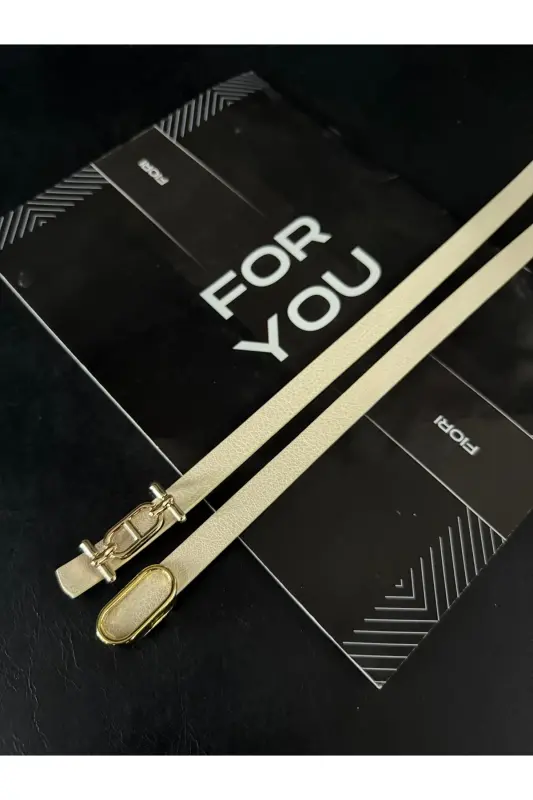 2'li Gold Tokalı İnce Kemer, Pantolon Kemeri, Gömlek Kemeri, Ceket Kemeri - Bej2li - 1