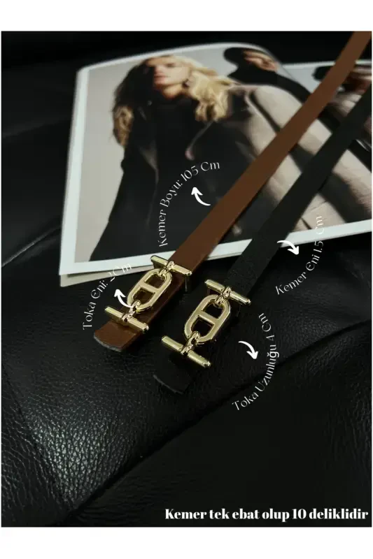 2'li Gold Tokalı İnce Kemer, Pantolon Kemeri, Gömlek Kemeri, Ceket Kemeri-Siyah - 1