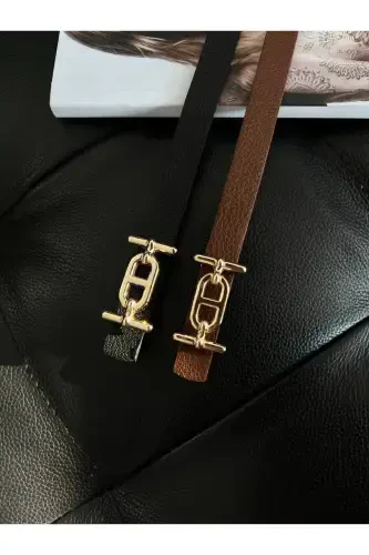 2'li Gold Tokalı İnce Kemer, Pantolon Kemeri, Gömlek Kemeri, Ceket Kemeri-Siyah - FIORI (1)