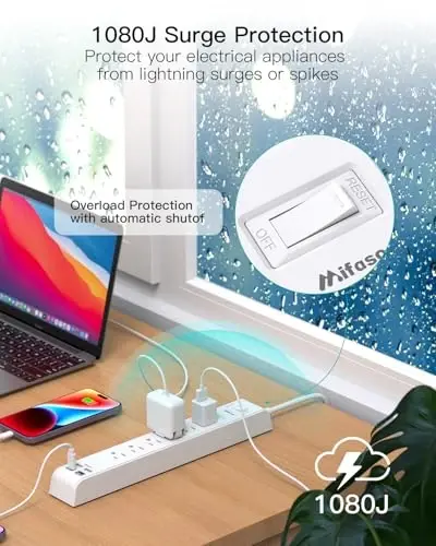 2 Pack Power Strip, 15FT Long Extension Cord, Surge Protector with 6 Outlets and 4 USB Charging Ports(2 USB C), Flat Plug Overload Protection, Wall Mount for Home Office Dorm College - 4