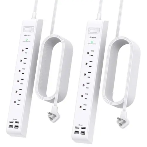 2 Pack Power Strip, 15FT Long Extension Cord, Surge Protector with 6 Outlets and 4 USB Charging Ports(2 USB C), Flat Plug Overload Protection, Wall Mount for Home Office Dorm College 
