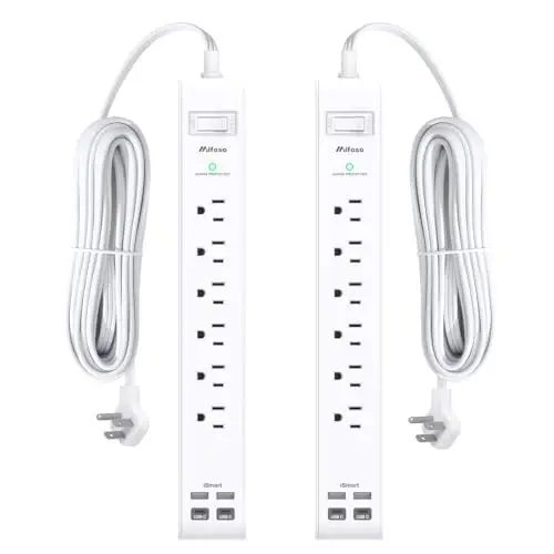 2 Pack Power Strip, 12FT Long Extension Cord, Surge Protector with 6 Outlets and 4 USB Charging Ports(2 USB C), Flat Plug Overload Protection, Wall Mount for Home Office Dorm College - 1