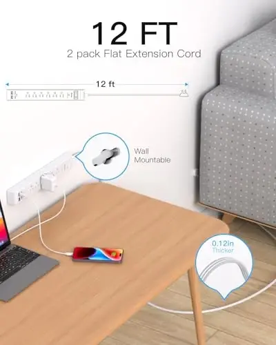 2 Pack Power Strip, 12FT Long Extension Cord, Surge Protector with 6 Outlets and 4 USB Charging Ports(2 USB C), Flat Plug Overload Protection, Wall Mount for Home Office Dorm College - 2