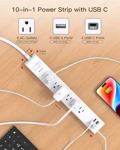 2 Pack Power Strip, 12FT Long Extension Cord, Surge Protector with 6 Outlets and 4 USB Charging Ports(2 USB C), Flat Plug Overload Protection, Wall Mount for Home Office Dorm College - 3