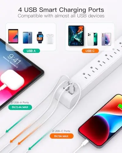 2 Pack Power Strip, 12FT Long Extension Cord, Surge Protector with 6 Outlets and 4 USB Ports (2 USB C), Flat Plug Overload Protection, Extension Cord 10+ ft, Wall Mount for Home Office Dorm College - 3
