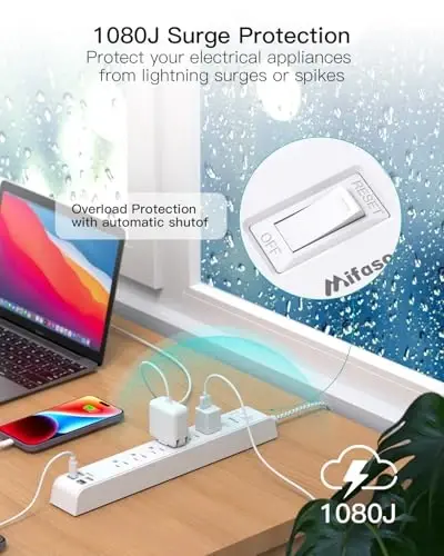 2 Pack Power Strip, 12FT Long Extension Cord, Surge Protector with 6 Outlets and 4 USB Ports (2 USB C), Flat Plug Overload Protection, Extension Cord 10+ ft, Wall Mount for Home Office Dorm College - 4