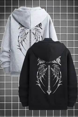 2'Li Kanat Tasarım Sweatshirt Fermuarlı Hırka - Siyah Gri Baskılı Oversize Cepli Kışlık Kapüşonlu-Siyah Gri 