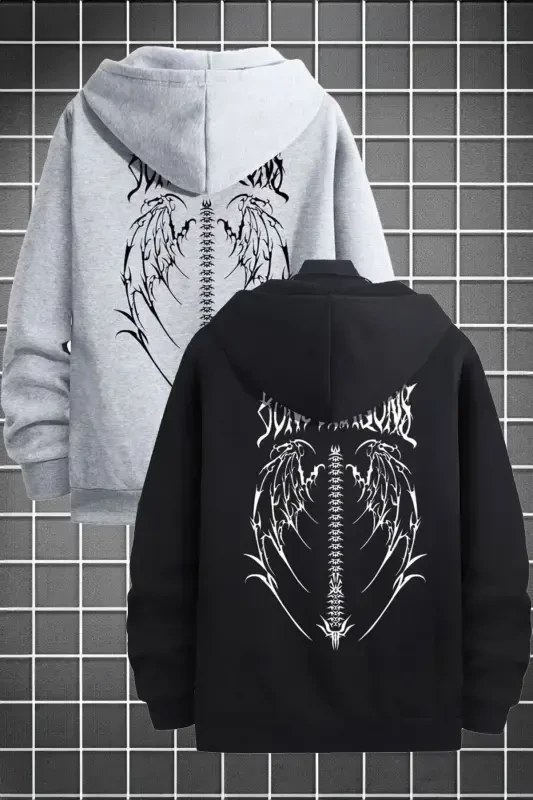 2'Li Kanat Tasarım Sweatshirt Fermuarlı Hırka - Siyah Gri Baskılı Oversize Cepli Kışlık Kapüşonlu-Siyah Gri - MODABERRY