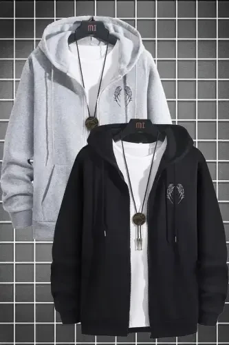 2'Li Kanat Tasarım Sweatshirt Fermuarlı Hırka - Siyah Gri Baskılı Oversize Cepli Kışlık Kapüşonlu-Siyah Gri - MODABERRY (1)