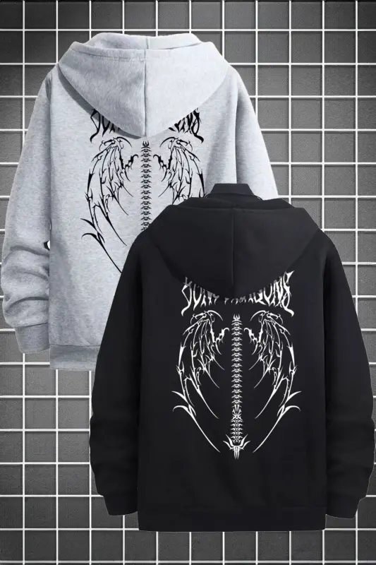 2'Li Kanat Tasarım Sweatshirt Fermuarlı Hırka - Siyah Gri Baskılı Oversize Cepli Kışlık Kapüşonlu - Siyah Gri - 1