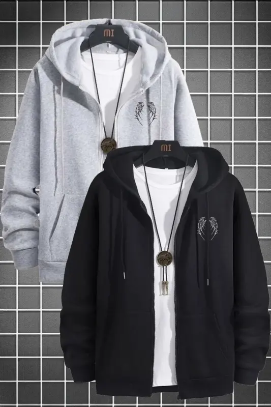 2'Li Kanat Tasarım Sweatshirt Fermuarlı Hırka - Siyah Gri Baskılı Oversize Cepli Kışlık Kapüşonlu - Siyah Gri - 2
