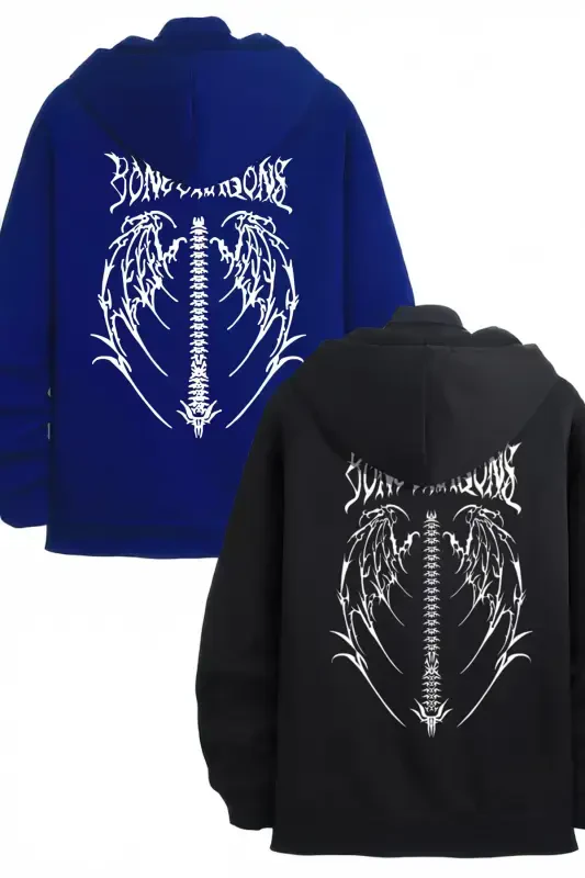 2'Li Kanat Tasarım Sweatshirt Fermuarlı Hırka - Siyah Sax Mavi Baskılı Oversize Kışlık Kapüşonlu-Siyah Sax Mavi - MODABERRY