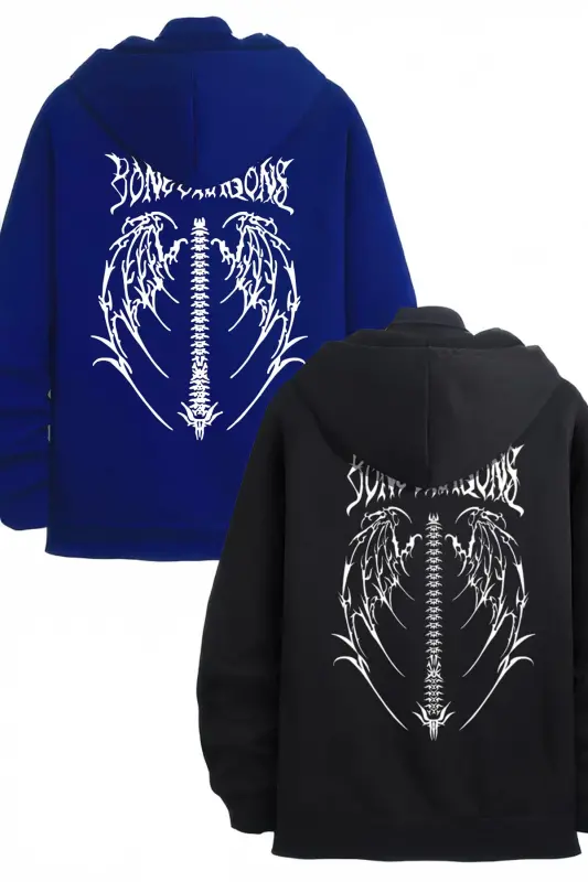 2'Li Kanat Tasarım Sweatshirt Fermuarlı Hırka - Siyah Sax Mavi Baskılı Oversize Kışlık Kapüşonlu-Siyah Sax Mavi - 1
