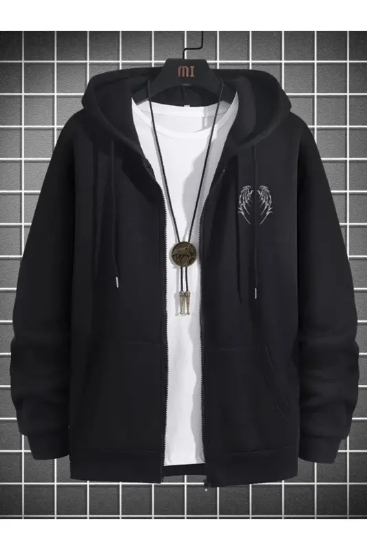 2'Li Kanat Tasarım Sweatshirt Fermuarlı Hırka - Siyah Sax Mavi Baskılı Oversize Kışlık Kapüşonlu-Siyah Sax Mavi - 2